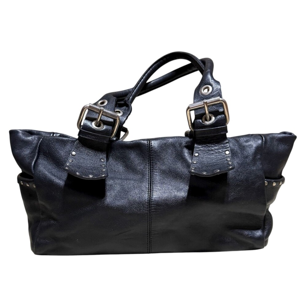 Vintage Y2K XL Argentine Black Leather Shoulder Bag Chunky Buckle Stud Edgy Chic